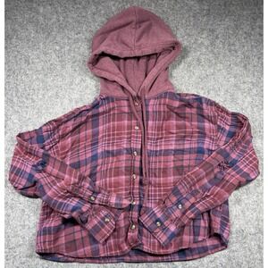 American Eagle Cropped Hooded Flannel Shirt‎ Women's s Red Plaid Distressed